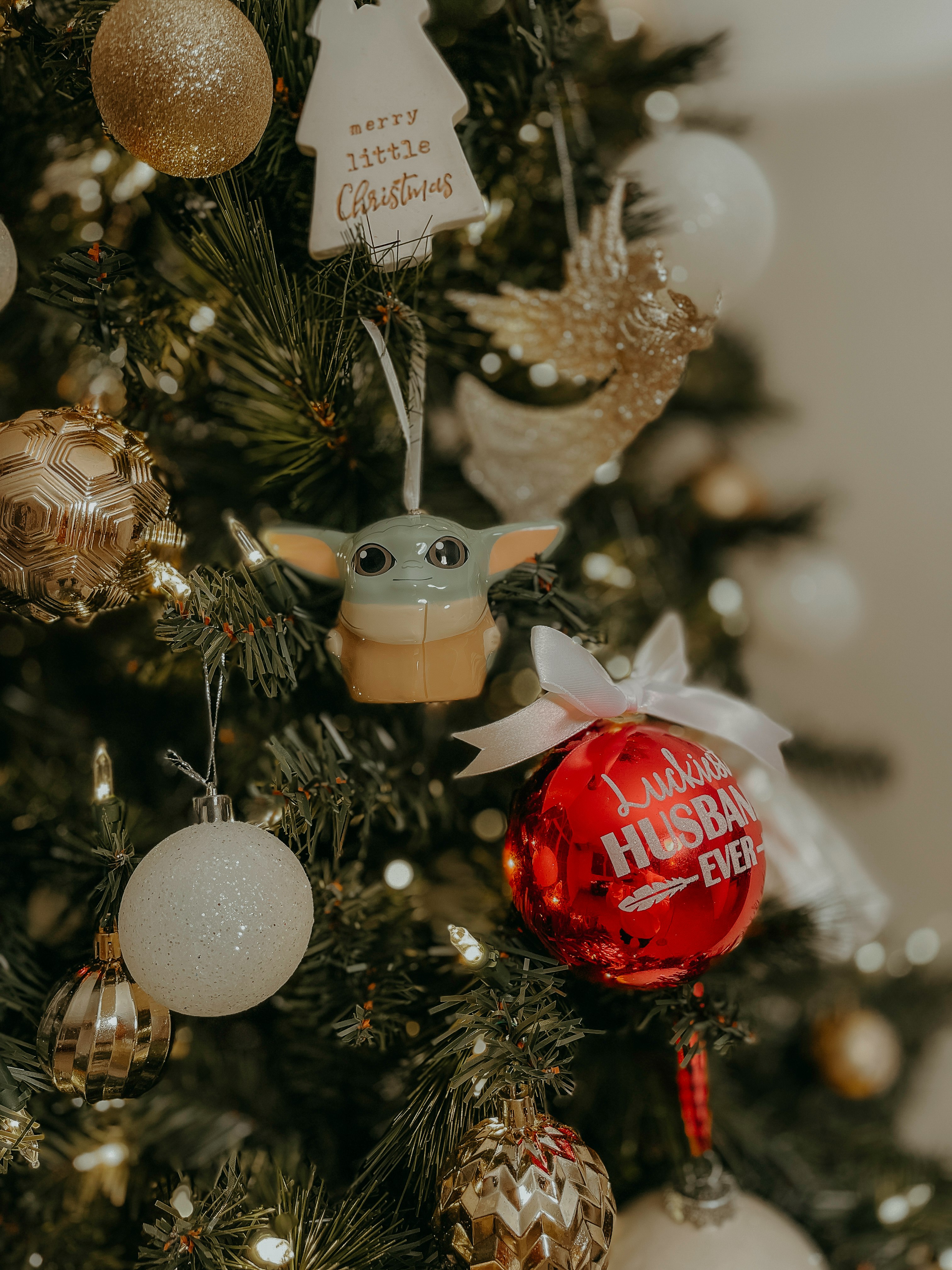 red and white baubles on christmas tree